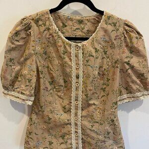 Revintaria Floral Lace-Trimmed Women's Blouse Cottagecore Boho Gardencore